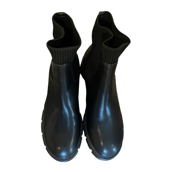 New lug sole block heel Chelsea combat boots black faux leather rubber elastic - Picture 8 of 11